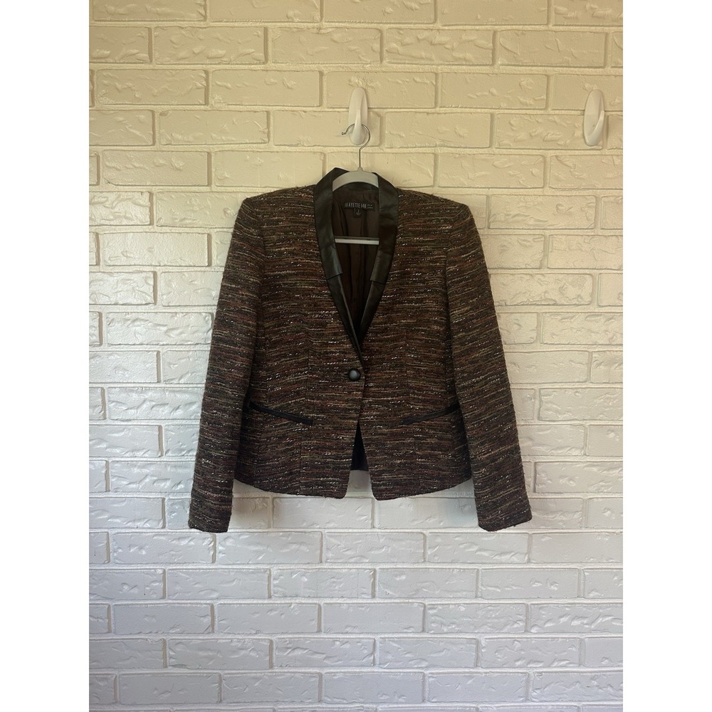 Lafayette Women's 148 Tweed Blazer Wool Blend Leather Trim Sz 2 Lorelai Gilmore